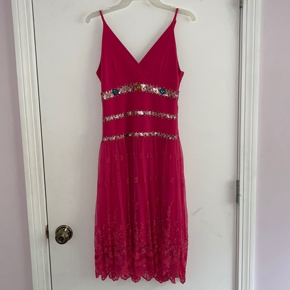 Ariella Dresses Unique Hot Pink Midi Dress With Sequin And Lace